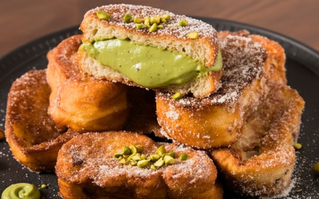 Rabanada com recheio de pistache escorrendo da fatia cortada