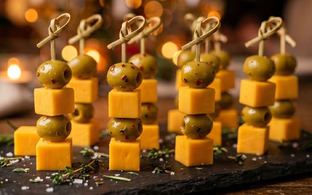 Espetinho para a Copa do Mundo com queijo e azeitona verde