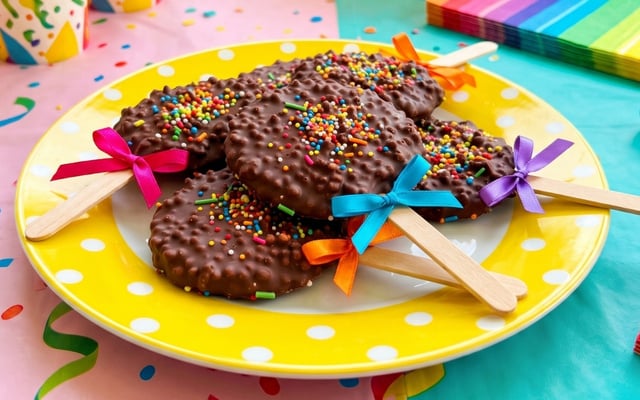 Pirulito de chocolate crocante e decorado com confeitos