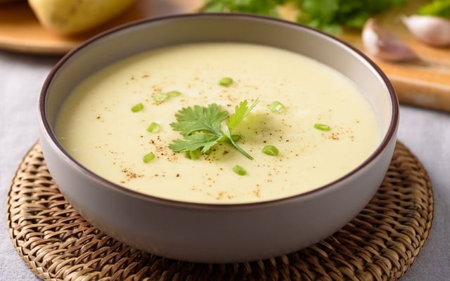 Caldo de batata cremoso finalizado com cheiro-verde