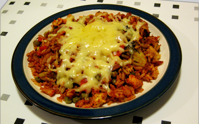 Arroz de forno com bacon e queijo