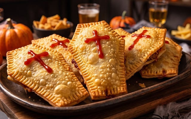 Pastel de Halloween em forma de caixão com ketchup