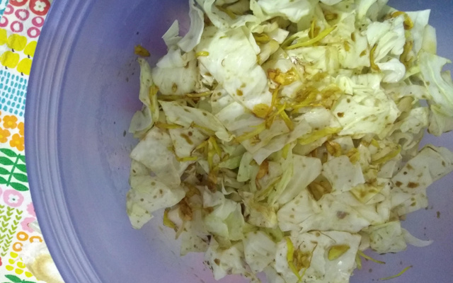 Salada de repolho com gengibre frito e shoyu