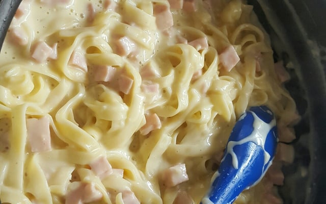Macarrão com molho branco presunto e mussarela