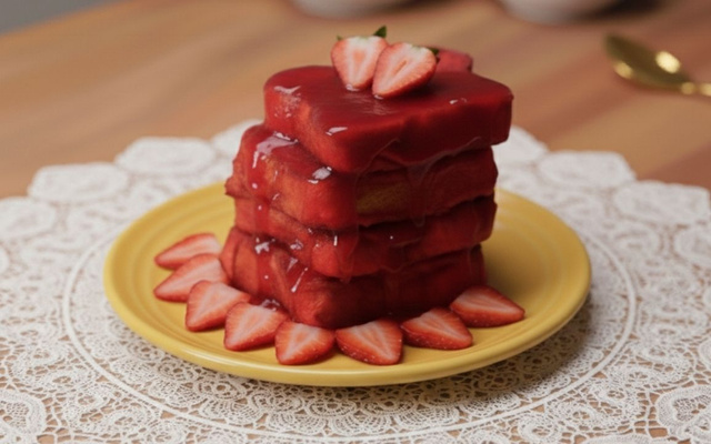 Rabanada do amor com calda de caramelo vermelho e morangos