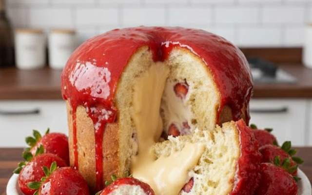 Panetone de morango do amor com fatia cortada