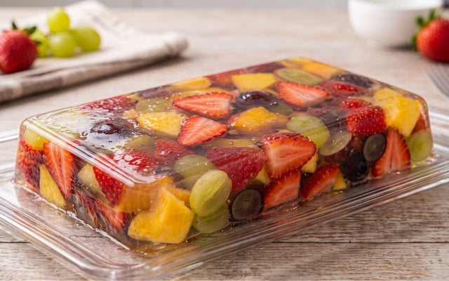 Gelatina com frutas sem açúcar em formato retangular