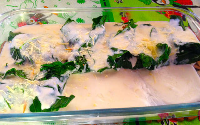 Panquecas da folha de couve manteiga com mussarela de bufala e carne moída