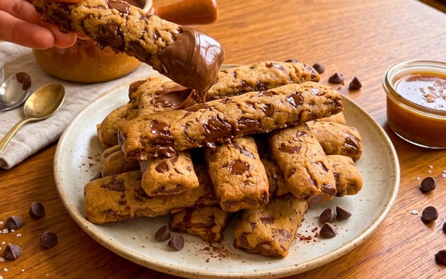 Palitos de cookie com gotas de chocolate e com Nutella
