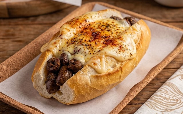 Pão de alho recheado com coração de galinha e queijo