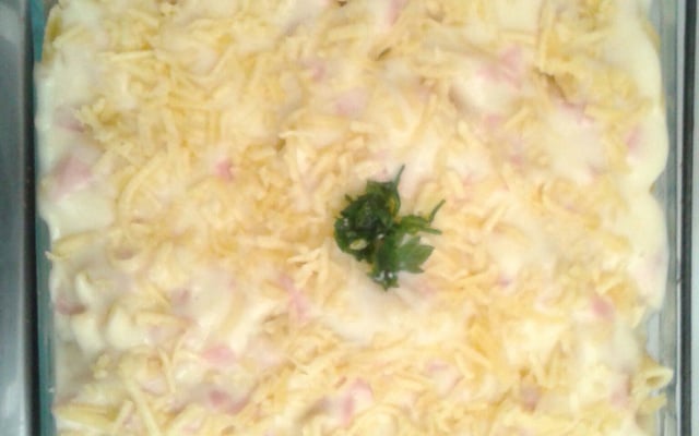 Macarrão de forno ao molho branco de queijo e presunto