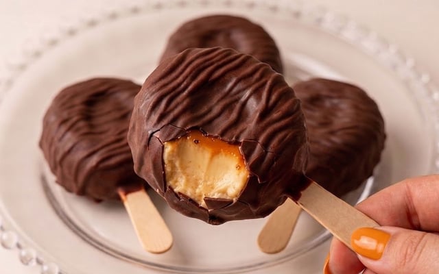 Picolé de pudim no palito coberto de chocolate crocante