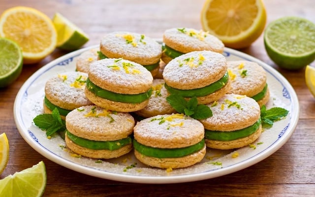 Biscoito recheado de limão amarelo e verde com raspas da fruta