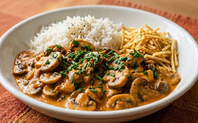 Strogonoff vegano de cogumelos cremoso na textura ideal