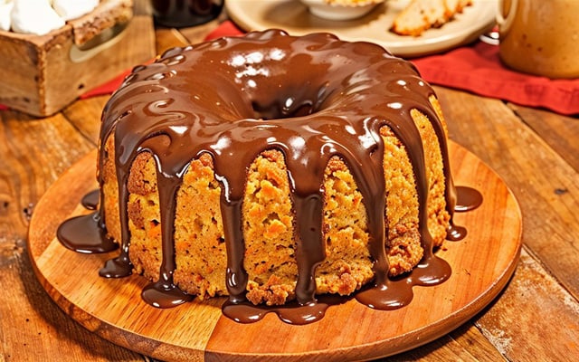 Bolo de cenoura fofinho com calda de chocolate escorrendo