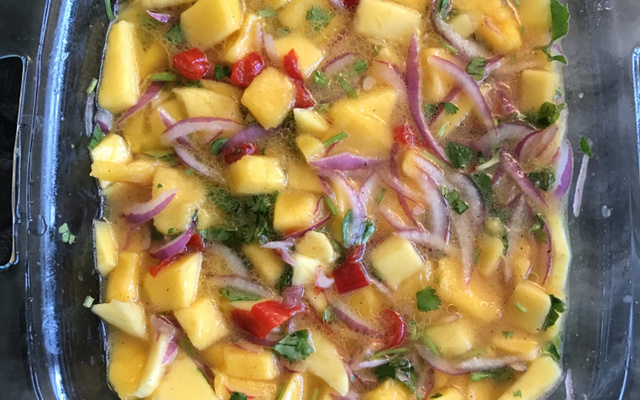 Ceviche de manga marinado com limão, cebola e temperos