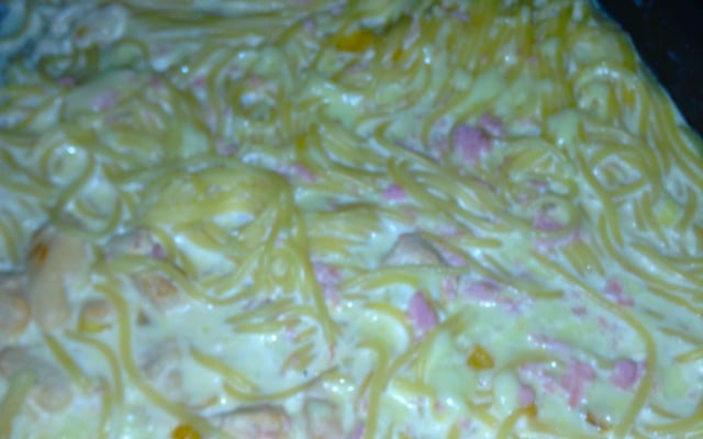 Macarrão ao molho branco e frango desfiado