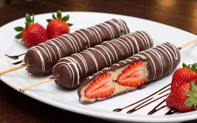 Espetos de morango trufados decorados com chocolate branco