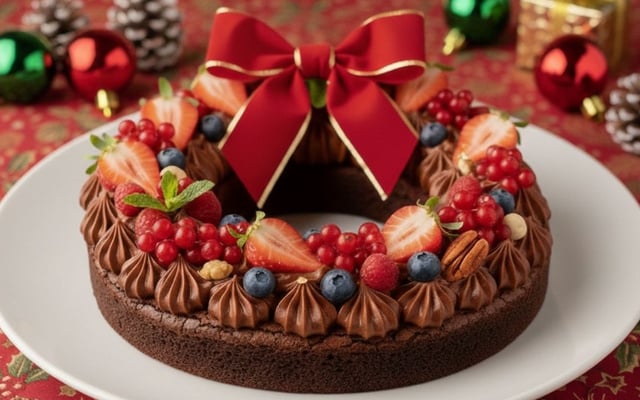 Guirlanda de brownie com cobertura de brigadeiro, frutas e nozes