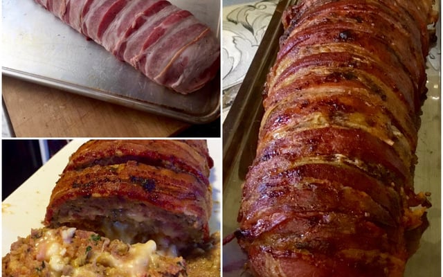 Rocambole de carne ao bacon recheado