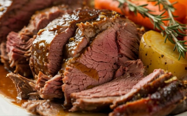 Carne assada na airfryer fatiada, com molho e acompanhamentos