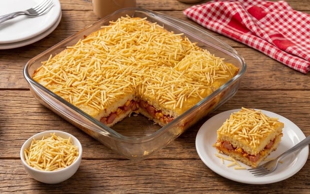 Cachorro-quente de forno finalizado com batata palha