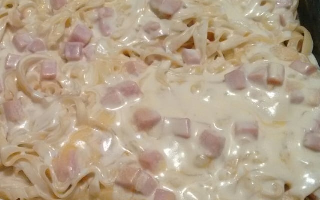 Macarrão com molho branco presunto e mussarela