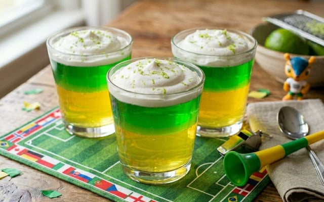 Gelatina verde e amarela de limão com maracujá com chantilly