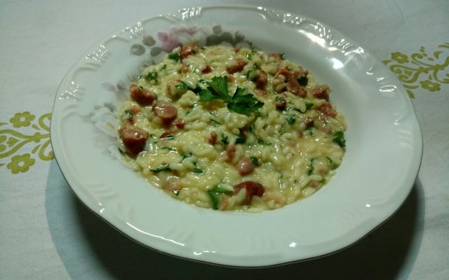 Risoto de linguiça defumada apimentada