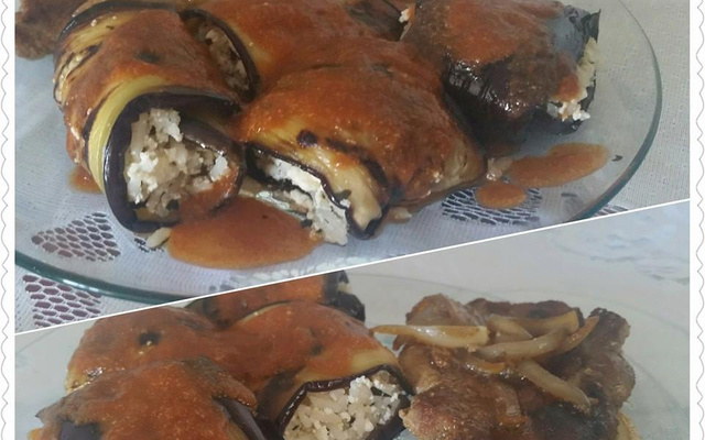 Rolinhos de berinjela com arroz de hortelã