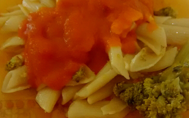 Macarrão com brócolis e molho de tomate