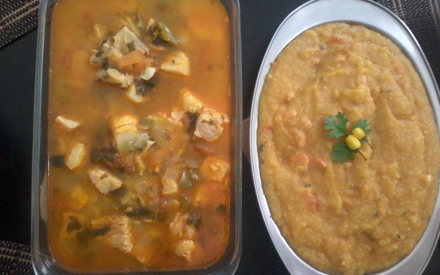 Filé de Corvina cozida com pirão de camarão