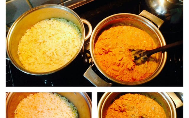 Strogonoff de filé de frango desfiado com arroz ao curry