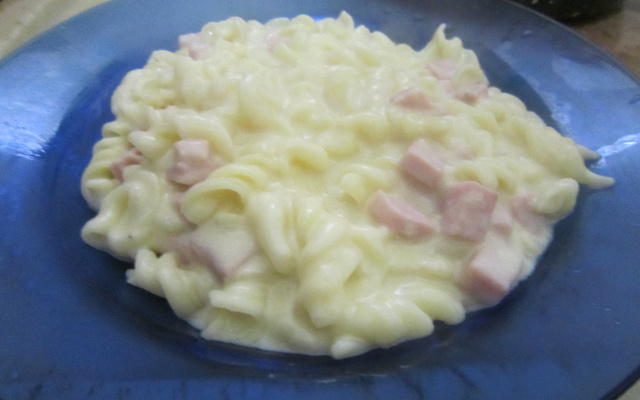 Macarrão ao molho branco com presunto e queijo