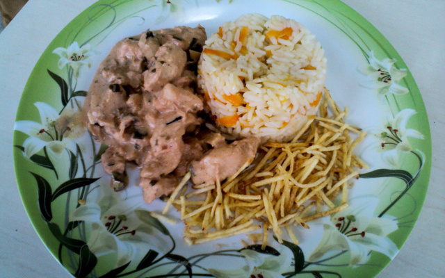 Estrogonoe com arroz, cenoura e batata palha