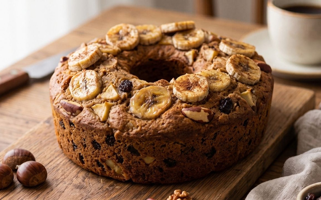 Bolo de frutas e castanhas com rodelas de banana