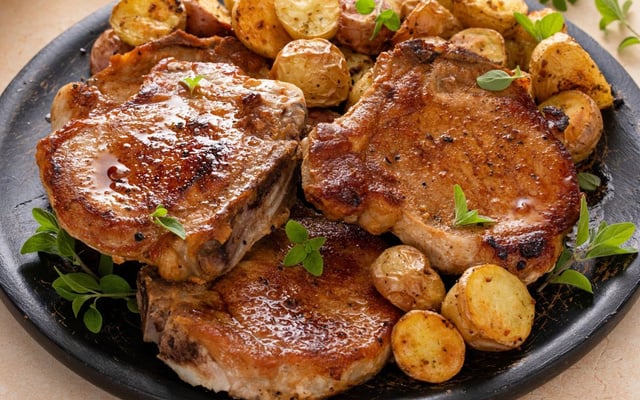 Bisteca de porco na frigideira suculenta e saborosa