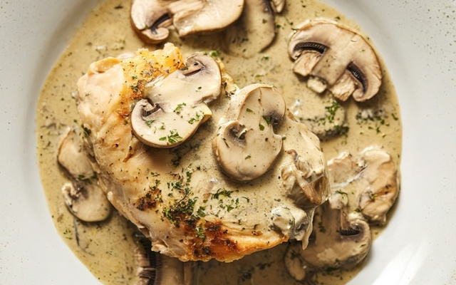 Galeto ao molho de cerveja preta com cogumelos e crocante de salsinha