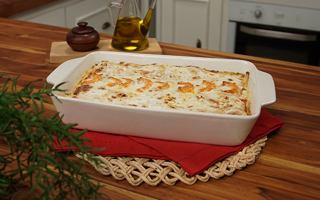 Lasanha de Banana da Terra com Camarão