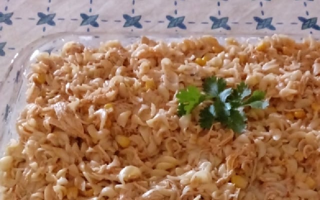 Macarrão com estrogonofe de frango rápido e fácil