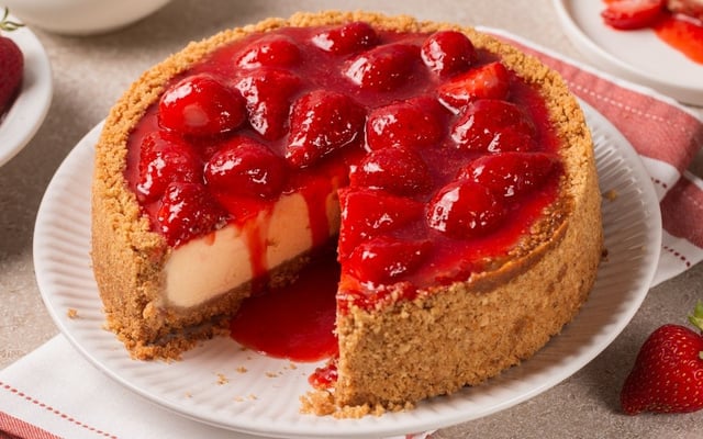 Torta cheesecake com molho de morangos escorrendo do corte