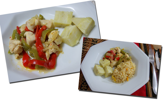 Cubos de frango ao saquê com batata doce