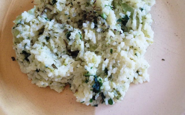 Risoto de brócolis, arroz comum e bacon