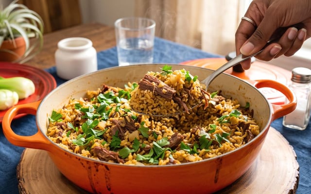 Pessoa servindo arroz de fraldinha direto da panela