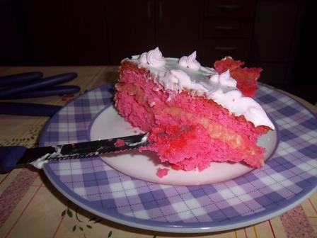 Bolo pink com recheio de baba de moça e cobertura de chantilly