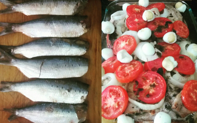 Sardinha ao forno com batata, cebola e tomate