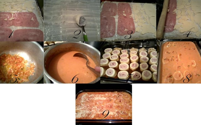 Rondelli de massa de pastel com requeijão, presunto e queijo