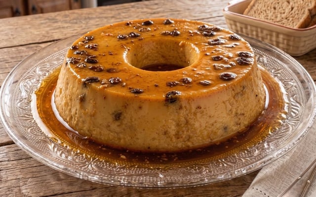 Pudim de passas ao rum tradicional com calda de caramelo