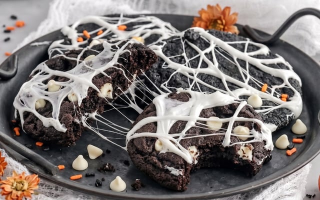 Cookies de chocolate com teia de marshmallow