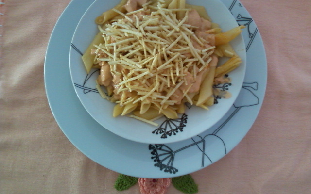 Penne ao molho de estrogonofe de frango com batata palha